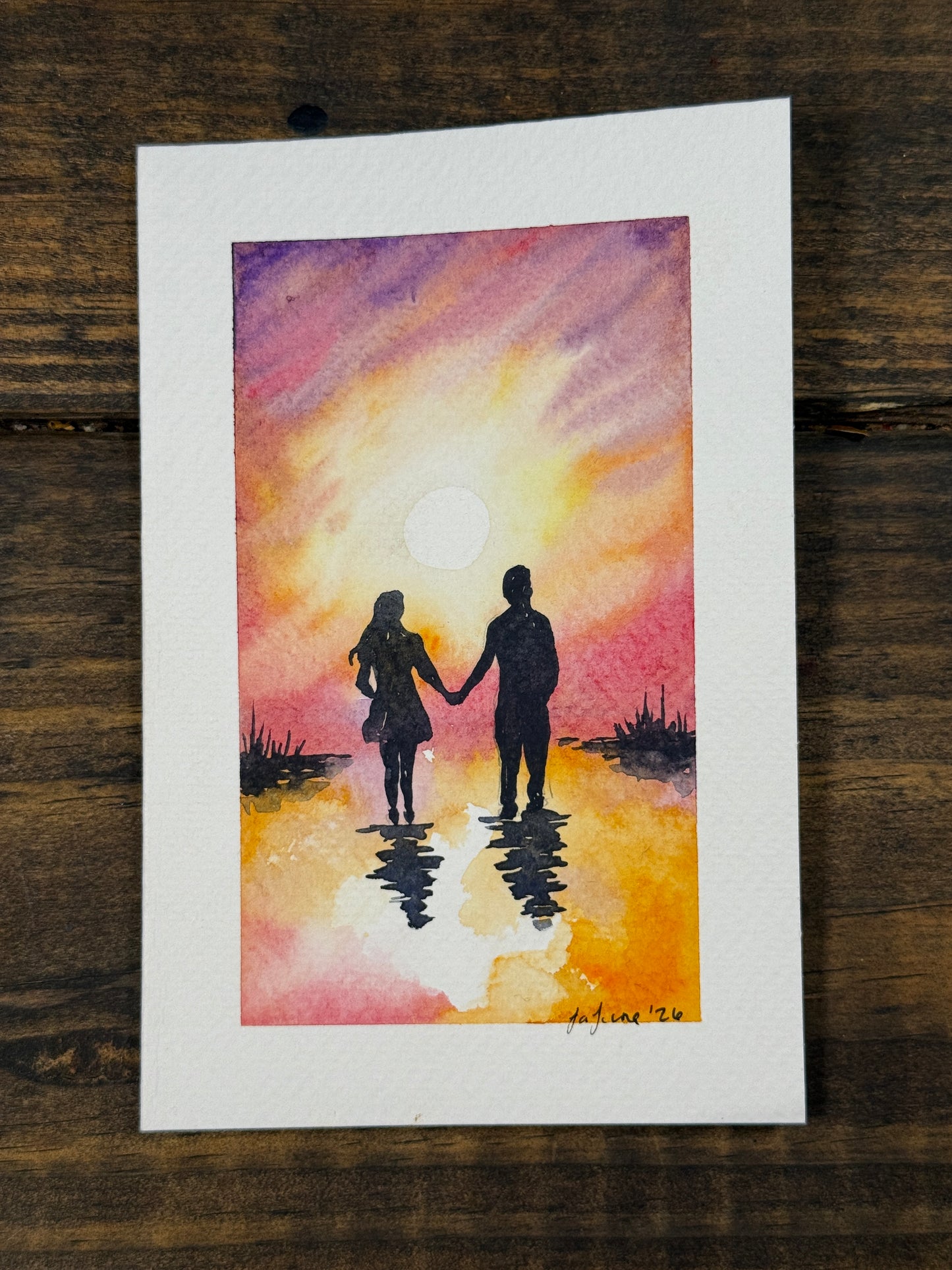 Sunset Walks Original Watercolor Card